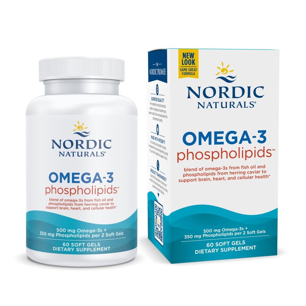 Nordic Naturals Omega-3 Phospholipides non aromatisés - 60 gels mous - 500 mg Omega-3 et 350 mg Phospholipides - Santé du coeur et du cerveau - Petits gels mous faciles à avaler - Non-OGM - 30 portions