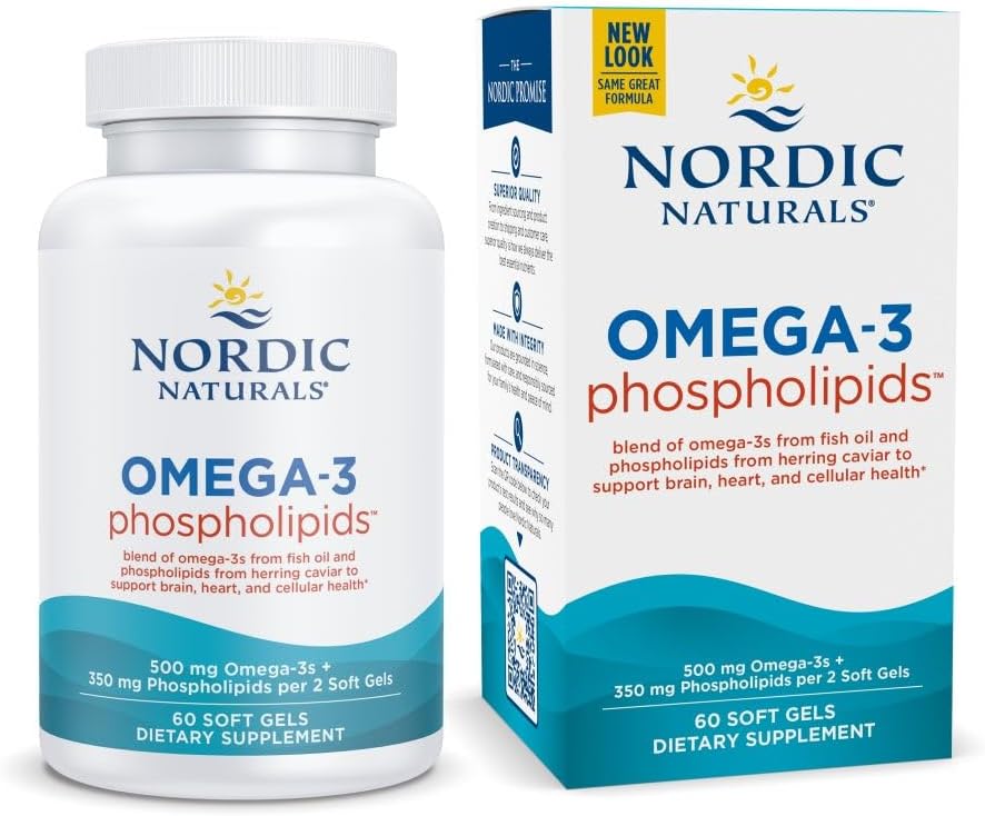 Nordic Naturals Omega-3 Phospholipides non aromatisés - 60 gels mous - 500 mg Omega-3 et 350 mg Phospholipides - Santé du coeur et du cerveau - Petits gels mous faciles à avaler - Non-OGM - 30 portions