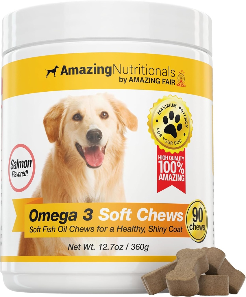 Extraordinaire Omega 3 pour les chiens - Omega 3 Huile de poisson pour les chiens Supplément pour le soulagement de la peau démangeaison pour la peau sèche et les taches chaudes et manteau de couverture avec l'EPA et les acides gras DHA - 90 saumons mous