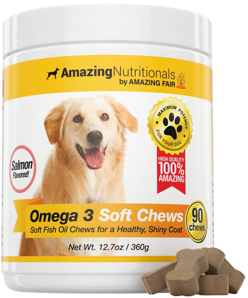 Extraordinaire Omega 3 pour les chiens - Omega 3 Huile de poisson pour les chiens Supplément pour le soulagement de la peau démangeaison pour la peau sèche et les taches chaudes et manteau de couverture avec l'EPA et les acides gras DHA - 90 saumons mous