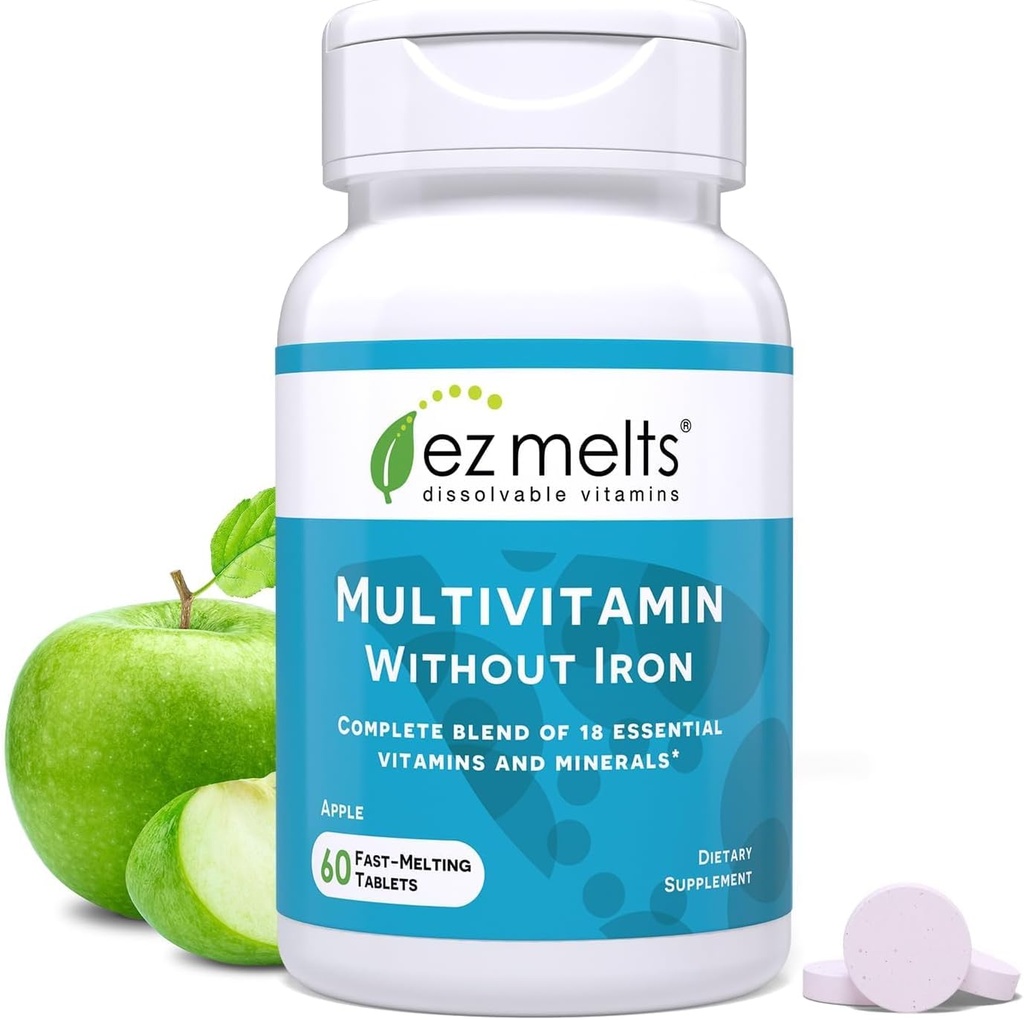 EZ Melts dissolvable multivitamine sans fer, 18 vitamines et minéraux incluant vitamine A, biotine, vitamine B12, vitamine C, vitamine D3, zinc et plus, sans sucre, 1-mois d'approvisionnement - 1 emballage