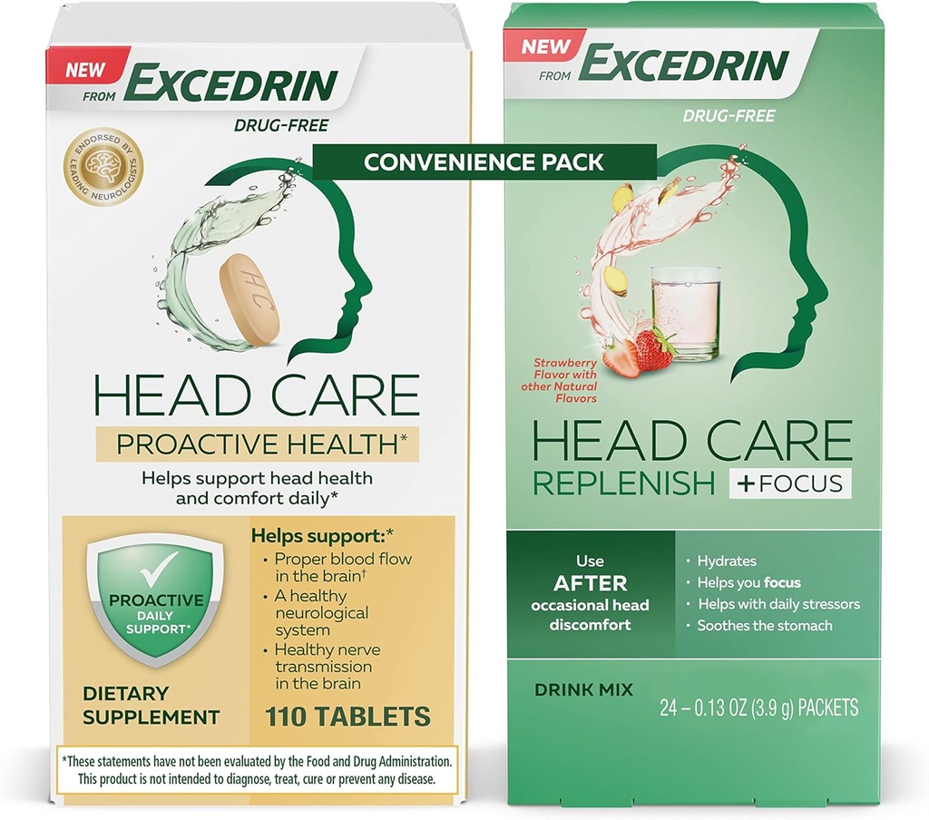 Excedrin Soins de la tête Supplément diététique proactif - 110 Comptabilité et soins de la tête Replenish Plus Focus Drink Mix de 24 Packets Commodity Pack