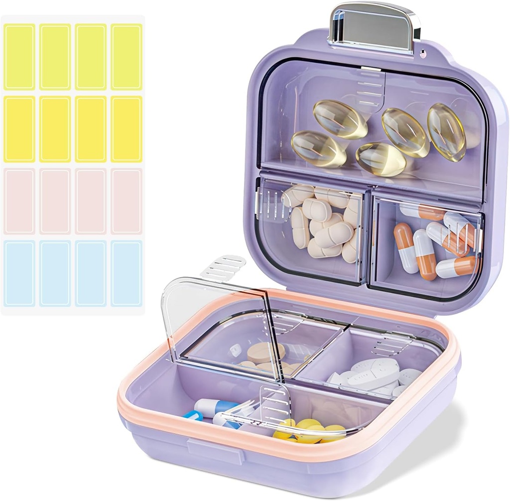 Boîte de l'organisateur de pilules de voyage avec étiquettes, 7 compartiments Portable Mini cas de pilule, quotidien de l'organisateur de médicaments Pilule de stockage pour pharmacie de poche (Purple, S)