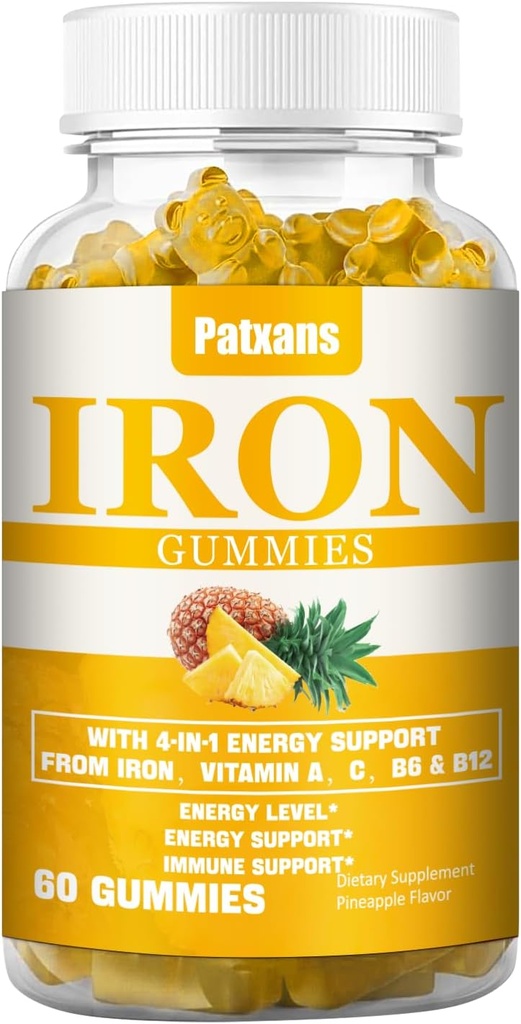 1 Pack 100MG Gommies de supplément de fer pour les femmes et les hommes - avec vitamine A, C, B - Soutien énergétique pour le déficit en fer, Anémie, Adultes et enfants, Pineapple Flavor Gummy, 60ct.