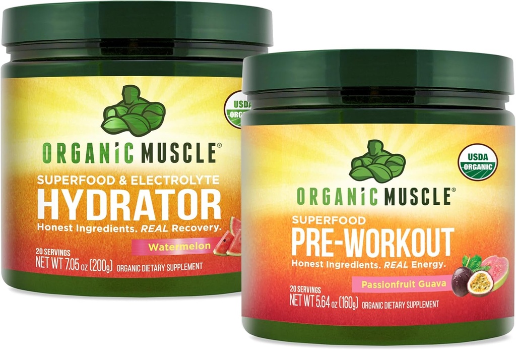 Organic Muscle Bundle - Pre-Workout Powder for Energy (Passionfruit Guava) + Replenisher for Hydration (Watermelon) - USDA Certified Organic