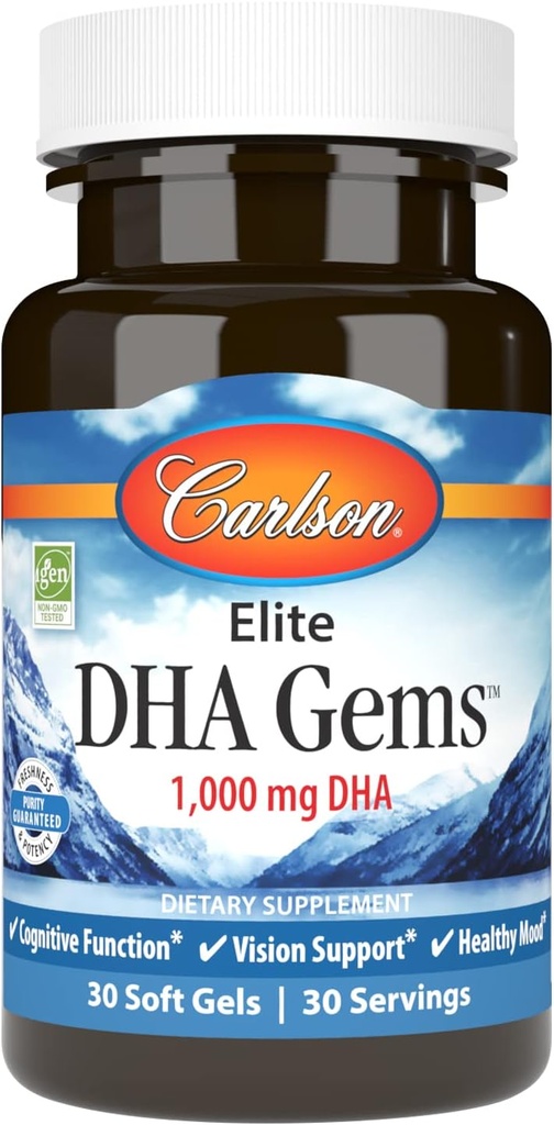 Carlson - Elite DHA Gems, 1000 mg DHA, soutient la fonction et la vision du cerveau sain, 30 gels mous