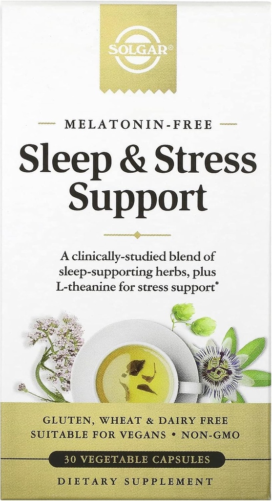Solgar Sleep & Stress Support, Capsules de légumes, Sans mélatonine, Aide à se détendre, Calmez-vous, Asleep d'automne rapidement, Améliorer la qualité du sommeil avec Valérien, Passionflower, Hop, Non-OGM, 15 portions, 30 comte