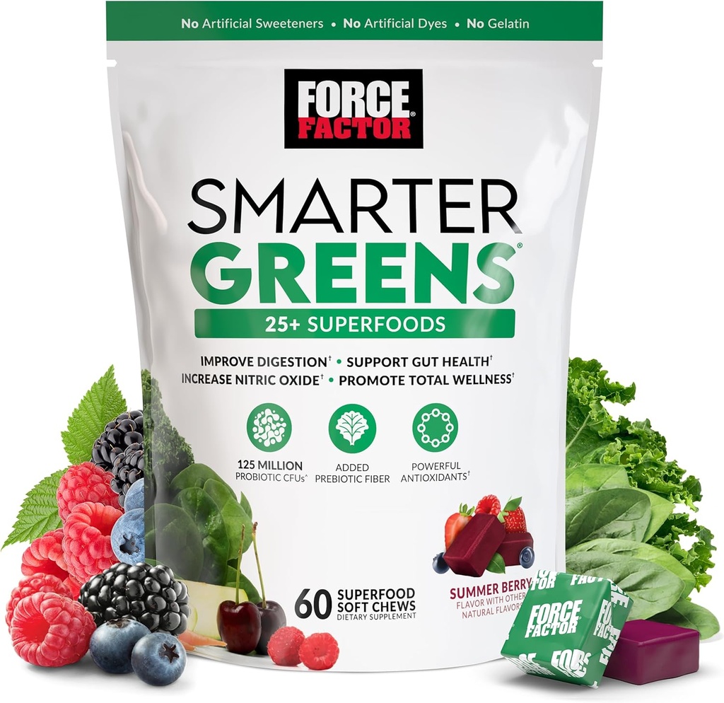 FACTEUR DE FORCE Plus intelligent Greens Superfood Chews, Greens et Superfoods avec Probiotiques, Antioxydants et Fibre, Supplément Greens pour soutenir la digestion, l'oxyde nitrique et l'énergie, 60 Chews doux