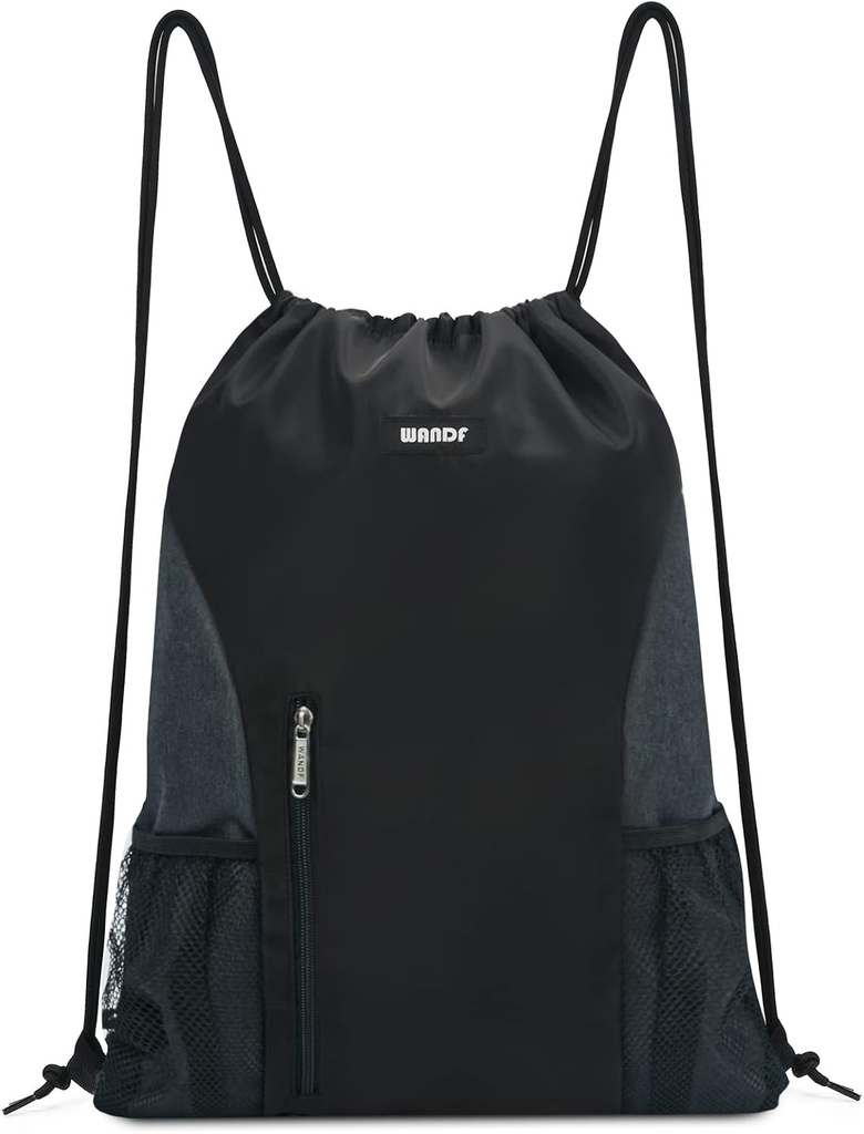 WANDF Sac à dos drawstring Sport Gym Sac à dos avec poche en maille Sac à cordes résistant à l'eau pour les femmes Hommes(Noir)