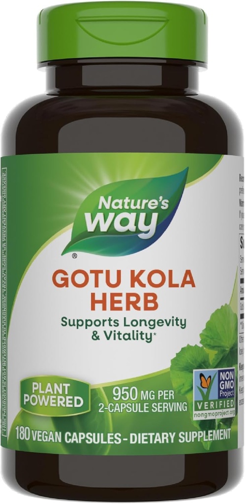 Nature's Way Gotu Kola Herb, soutient la longévité et la vitalité*, 950 mg par portion de 2 capsules, projet non-OGM vérifié, 180 capsules (paquetage May Vary)