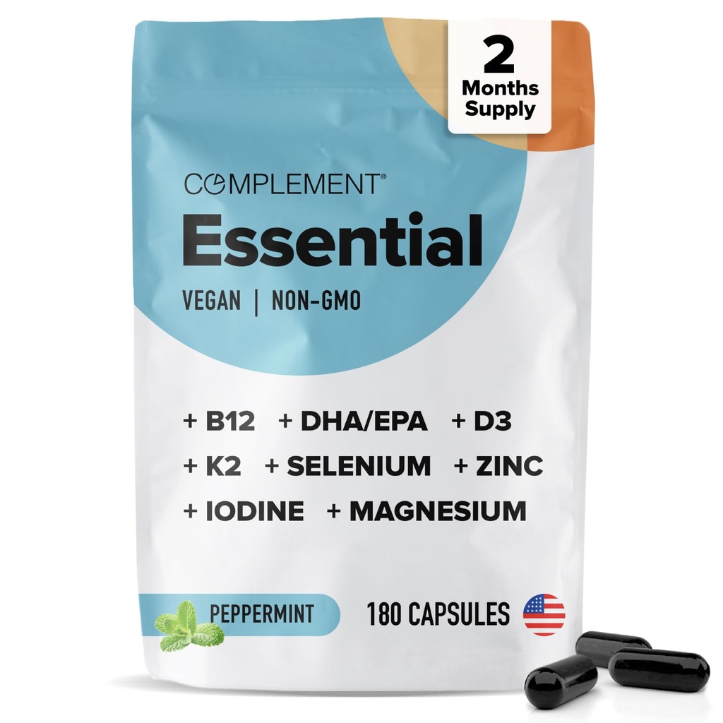 Complement Essential Vegan Multivitamin for Women & Men - Immune Support Supplement with Omega-3 DHA & EPA, B12, Vitamin D3 & K2, Zinc, Selenium, Magnesium, Iodine (60 Servings, 180 Capsules)