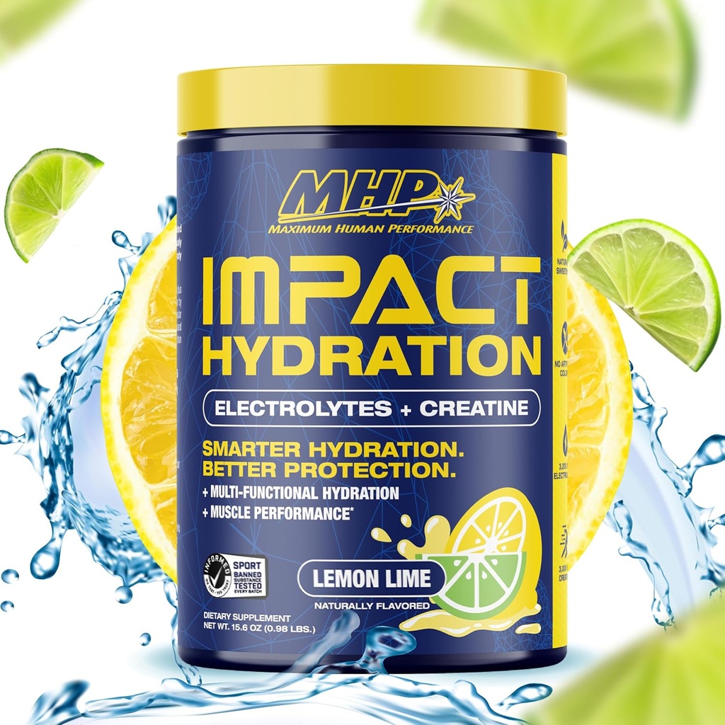 MHP Impact Hydration Electrolyte Creatine Sports Drink Mix, No Artificial Sweeteners or Colors, Performance, Strength, Recovery, Lemon Lime, 30 Servings