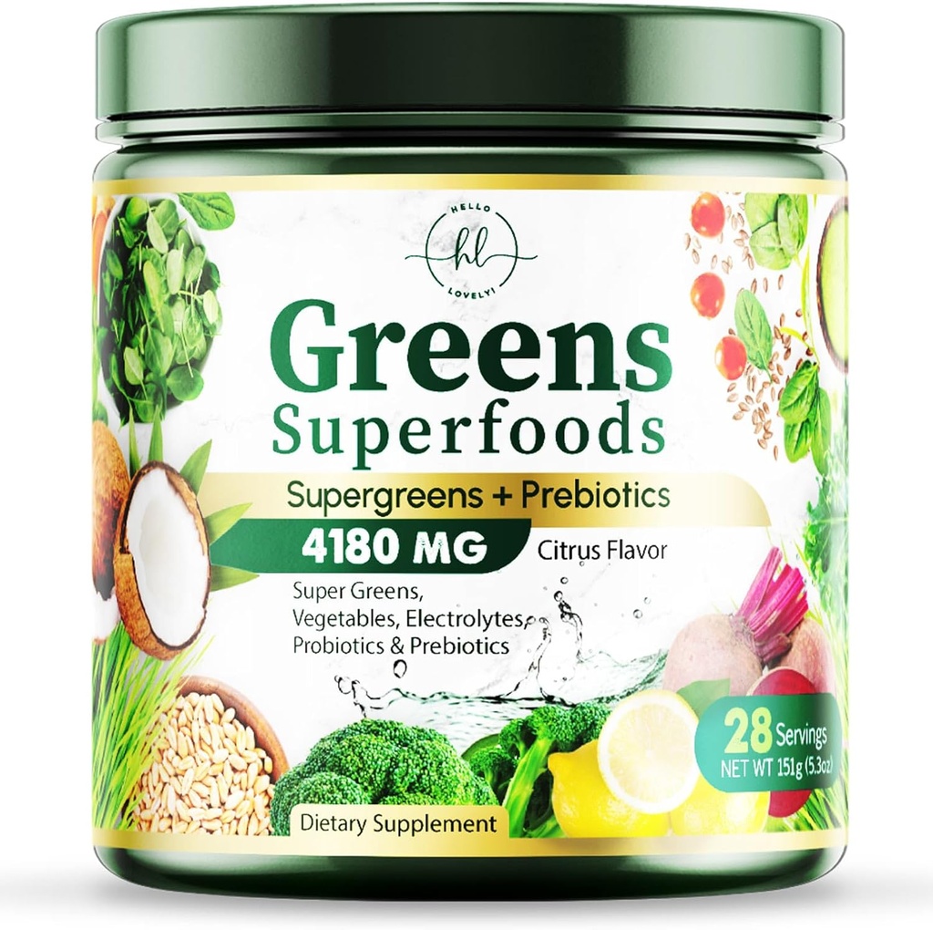 Poudre de Greens Superfood - Premium Bio Super Greens Poudre de jus - emballé avec des probiotiques, Grass de blé, Enzymes, Spiruline, Chlorella pour la santé digestive et Gut, Smoothie Drink Mix - 28 portions