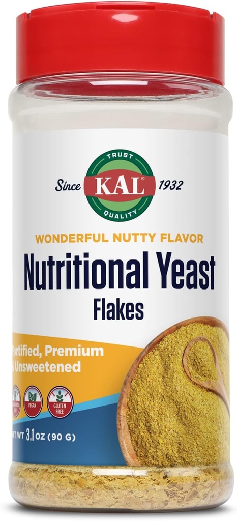 KAL Flakes de levure alimentaire, fortifié avec B12, acide folique et autres vitamines B, non sucré, grande saveur de noix, végétalien et sans gluten, garantie de remboursement de 60 jours, fabriqués aux États-Unis, 20 portions, 3.1oz
