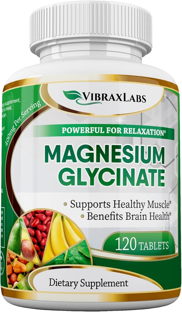 VibraxLabs Supplément glycinate de magnésium, 400mg, pour les hommes et les femmes, pour le stress, l'énergie, les crampes musculaires, le soutien articulaire, chélaté, haute absorption, non laxatif, sans gluten