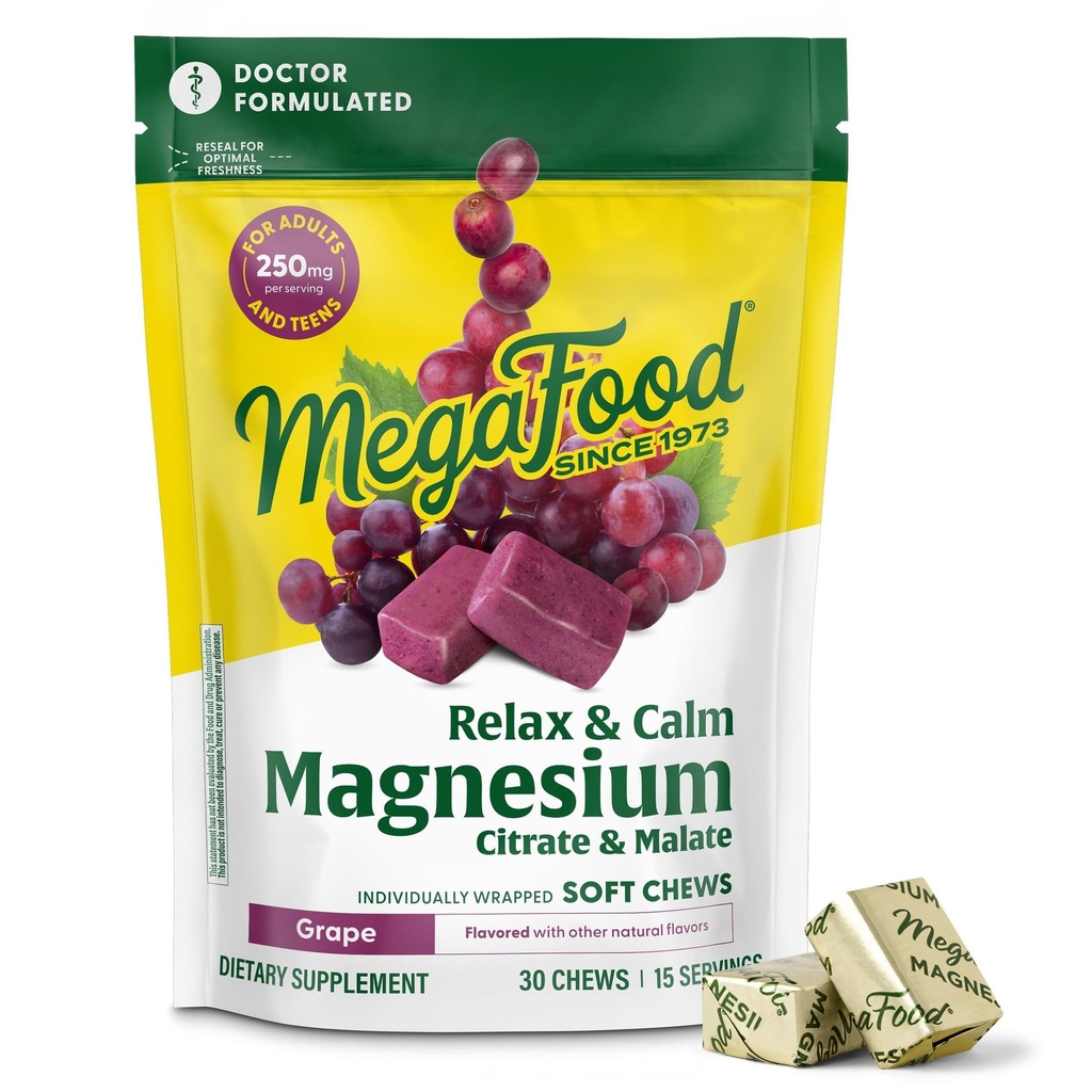 MegaFood Relax + Calme supplément de magnésium - Mâches douces avec du Citrate de magnésium et du Malate pour la santé cardiaque, la tension musculaire et plus - Végétarien - Avoeur de raisin - 30 Mâches (15 portions)