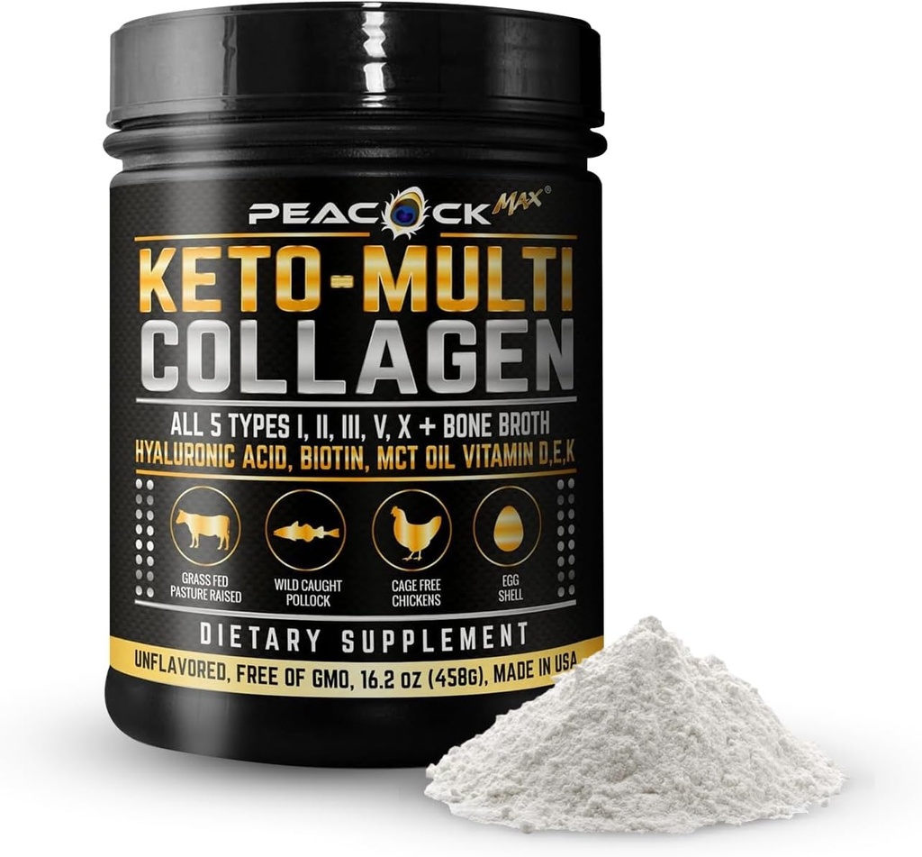 Keto Multi Collagen Peptides 16,2 oz - Poudre de protéines à os, avec 5 types de collagène hydrolysé, huile MCT et biotine pour la peau, les articulations, les cheveux et les ongles, poudre de collagène non aromatisée