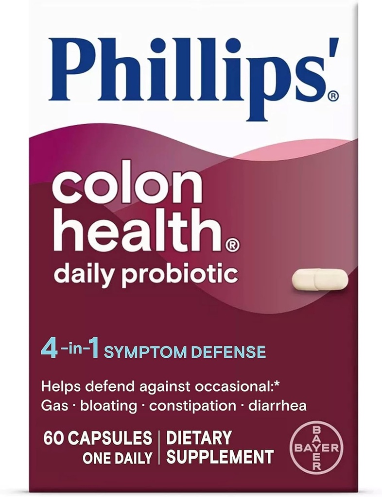 Phillips' Colon Health Daily Probiotic Capsules, 4-en-1 Symptom Defense pour aider à se défendre contre le gaz occasionnel, le ballonnement, la constipation et la diarrhée, supplément quotidien, 60 comte