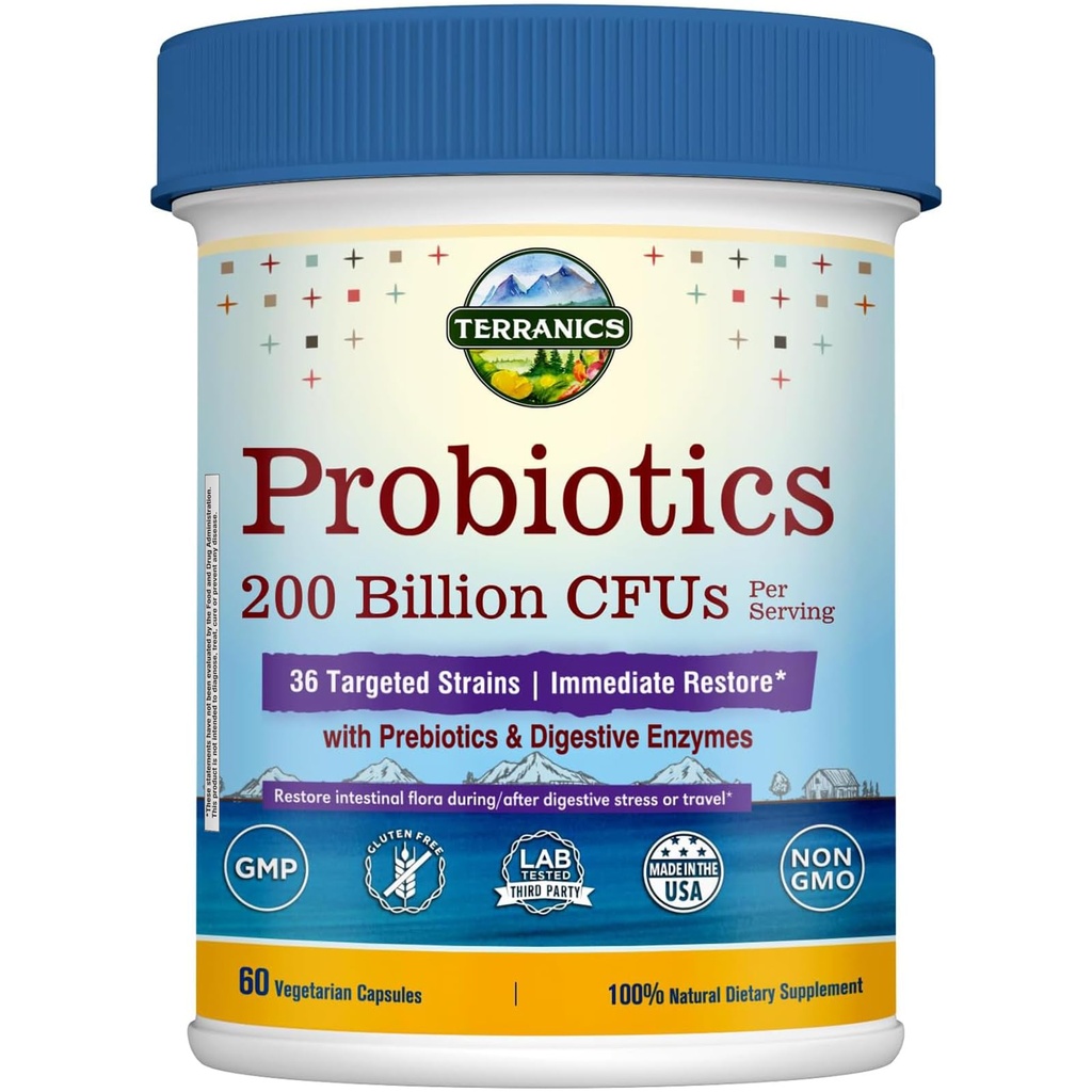 Terranics Probiotiques quotidiens pour les hommes et les femmes, 200 milliards 36 souches Restaure immédiate Probiotiques, avec prébiotiques et enzymes, régularité saine, libération retardée, stabilité du plateau, 60 capsules de légumes