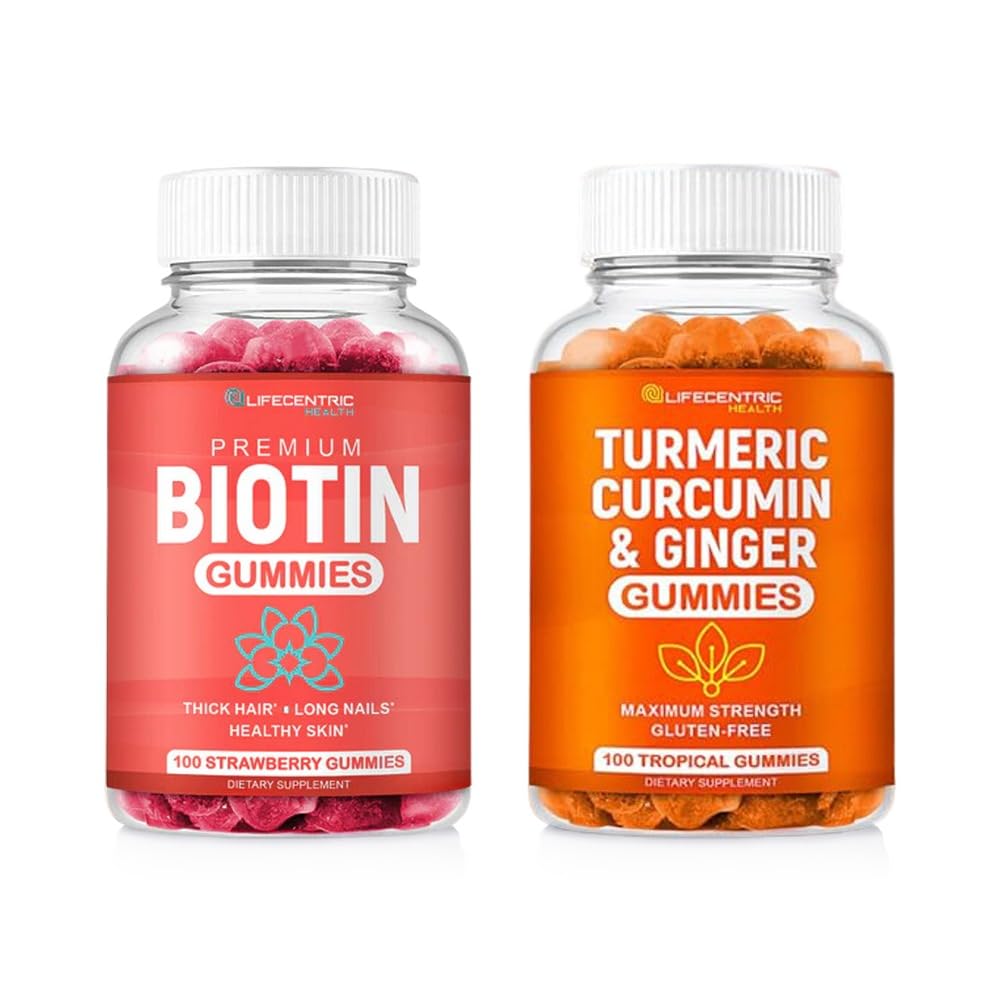 Biotine & Gummies Végétariennes Turmériques Combo de 10000mcg Biotine & 95% Curcumine Turmériques Standardisées , Supplément naturel, sans OGM et sans gluten