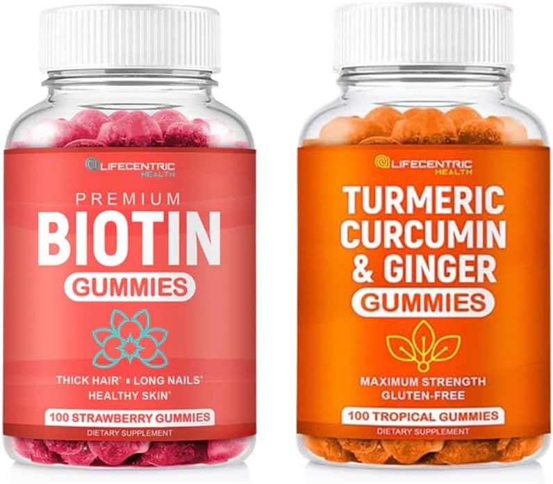 Biotine & Gummies Végétariennes Turmériques Combo de 10000mcg Biotine & 95% Curcumine Turmériques Standardisées , Supplément naturel, sans OGM et sans gluten