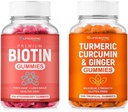 Biotine & Gummies Végétariennes Turmériques Combo de 10000mcg Biotine & 95% Curcumine Turmériques Standardisées , Supplément naturel, sans OGM et sans gluten