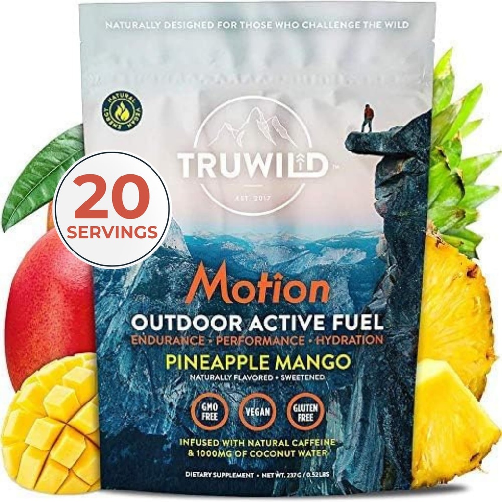 TruWild Motion All Natural Pre Workout Powder Drink Mix for Men & Women with No Jitters or Crash, Vegan à base de plantes alimentaires entières, biologique avec électrolytes + biopérine, 20 portions (Mango de Pineapple)