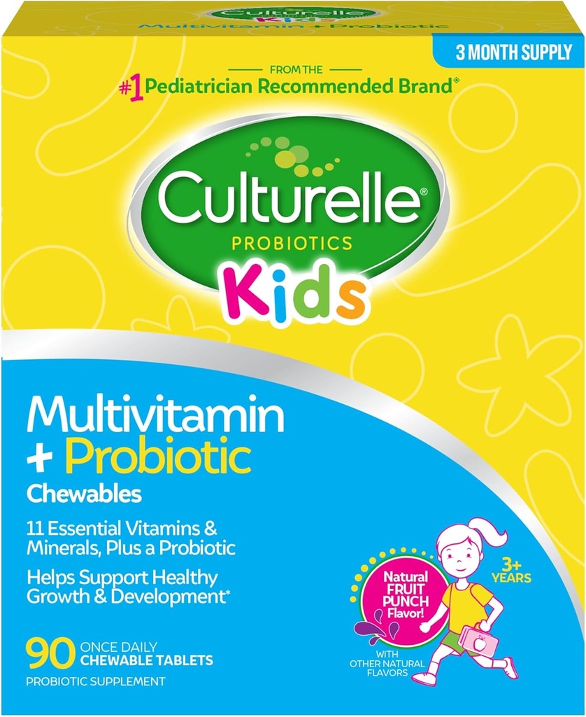 Culturelle Kids Complete Multivitamine à croquer + Probiotique pour les enfants, 3+ ans, 90 ans Compte, santé digestive, santé buccodentaire et soutien immunitaire - Avec 11 vitamines et minéraux, y compris la vitamine C, D3 et zinc