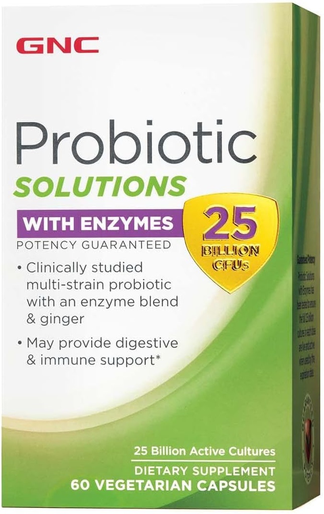 GNC Solutions probiotiques avec enzymes, fournit un soutien digestif et immunitaire, 25 milliards d'UFC, 60 capsules végétariennes, 60 portions