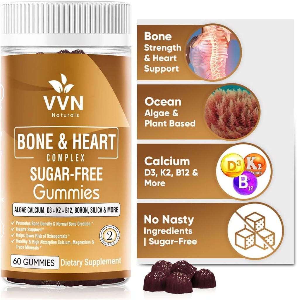 Végétalienne Calcium Gummies K2 Supplément de vitamine avec MK-7 et vitamine D3, Magnésium et 13 minéraux traces, support de la densité osseuse.