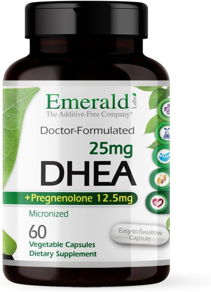 Emerald Labs DHEA 25mg - Supplément de soutien adrénal pour aider l'équilibre hormonal* - Comprend DHEA - Sans gluten - 60 capsules végétales (30 jours d'approvisionnement)