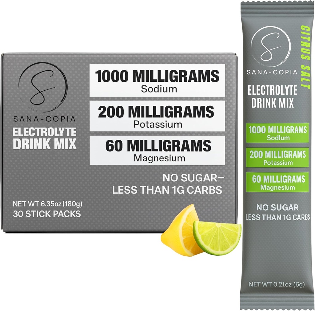 Mélange de boissons électrolytiques Emballages d'hydratation: 1000mg Sodium, Potassium et Magnésium Citrus Sel Poudre Hydratant, Zéro Sucre - 30 Lime Citron Emballages de poudre d'électrolyte, Pour la réhydratation ou le soulagement de la déshydratation