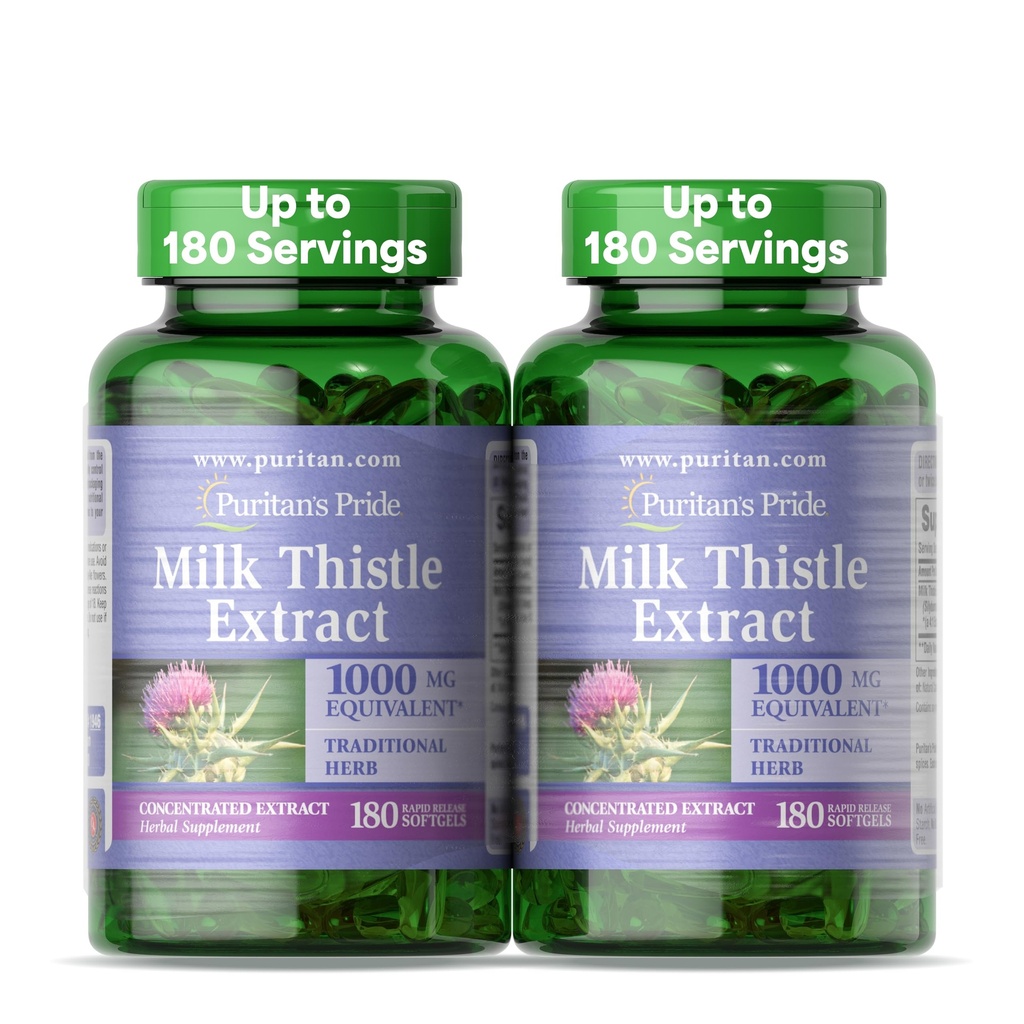 Puritan's Pride Lait Thistle Silymarin 4:1 Extrait de concentration 200mg (équivalent de 1000 Mg) Supplément alimentaire pour le soutien du foie, 6 mois d'approvisionnement, 180 Compte 2 Pack
