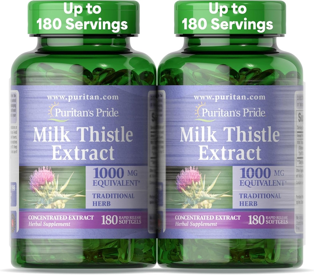 Puritan's Pride Lait Thistle Silymarin 4:1 Extrait de concentration 200mg (équivalent de 1000 Mg) Supplément alimentaire pour le soutien du foie, 6 mois d'approvisionnement, 180 Compte 2 Pack
