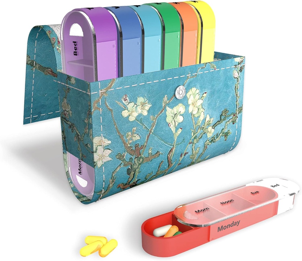 Organisateur de pilules, LIZIMANDU Boîte à pilules de voyage hebdomadaire Rappel de médicaments tous les jours AM PM, nuit de jour 7 Compartiments, pour 4 fois par jour, 7 jours par semaine-inclut étui en cuir PU (Peach Blossom)