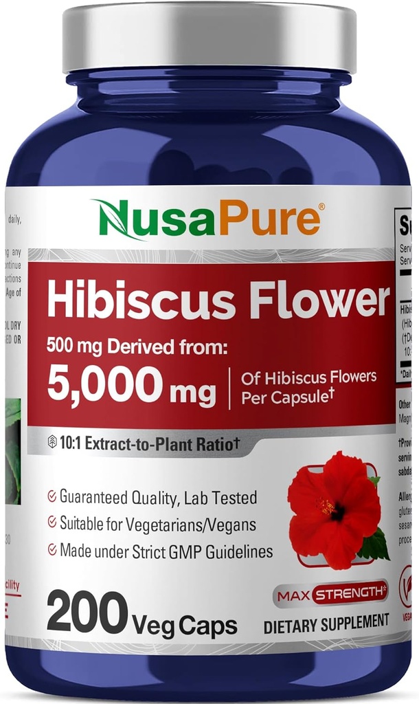 NusaPure Hibiscus Flower 10:1 Extract, 500 mg Equivalent to 5000mg 200 Vegetarian Caps (Non-GMO, Vegan)