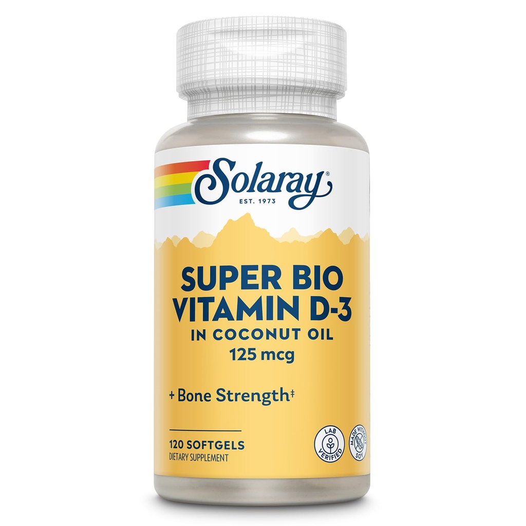 SOLARAY Super Bio Vitamine D3 dans l'huile de coco - D3 Vitamine 5000 UI - Supplément de soutien pour la santé des os et les immunes - Lab Verified, Made Wtihout Soy, Garantie de 60 jours - 120 Softgels, 120 portions