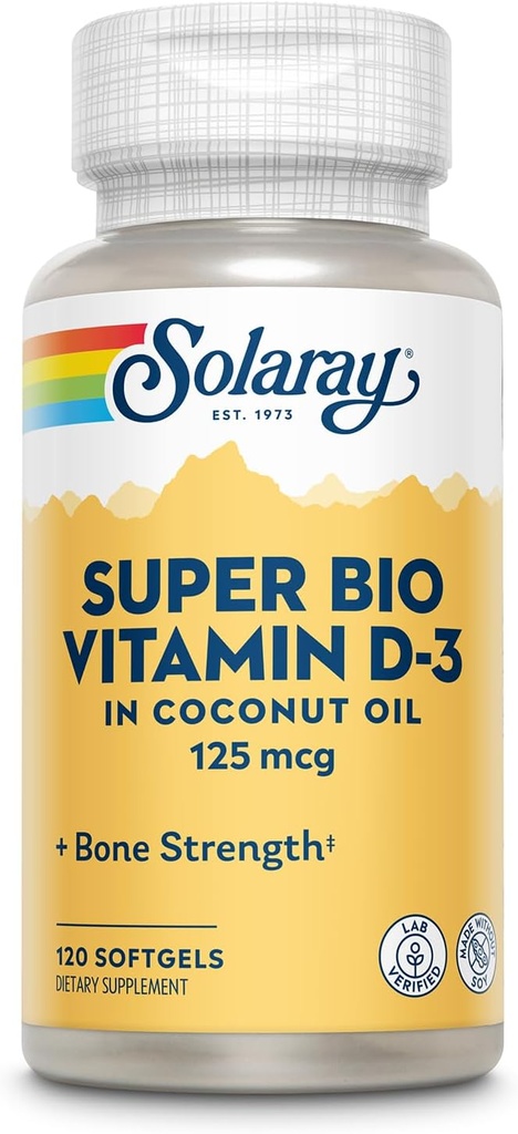 SOLARAY Super Bio Vitamine D3 dans l'huile de coco - D3 Vitamine 5000 UI - Supplément de soutien pour la santé des os et les immunes - Lab Verified, Made Wtihout Soy, Garantie de 60 jours - 120 Softgels, 120 portions