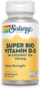 SOLARAY Super Bio Vitamine D3 dans l'huile de coco - D3 Vitamine 5000 UI - Supplément de soutien pour la santé des os et les immunes - Lab Verified, Made Wtihout Soy, Garantie de 60 jours - 120 Softgels, 120 portions