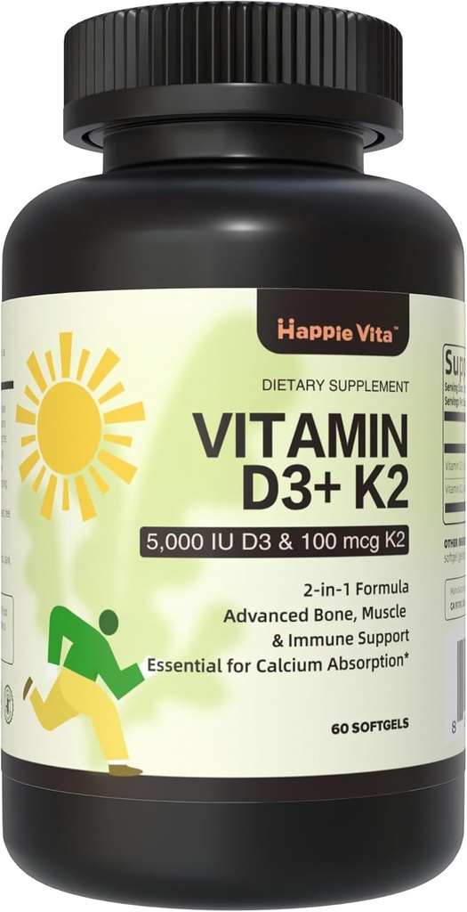 Vitamine D3 K2, Vitamine D3 5000 UI (125 mcg) + Vitamine K2 100 mcg, 2 en 1 D3 et K2 Suppléments pour les os, les dents, les muscles et le soutien de santé immunitaire, 60 Softgels