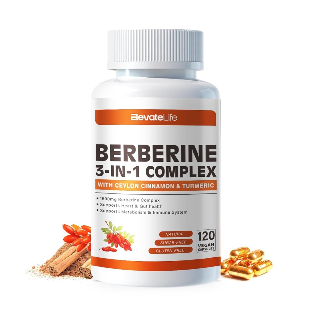 ElevateLife Berberine Supplement - Berberine 1500mg Per Serving,120 Capsules - Berberine HCI - Berberine Plus - Plus Pure True Ceylon Cinnamon, Berberine HCI Root Supplements Pills