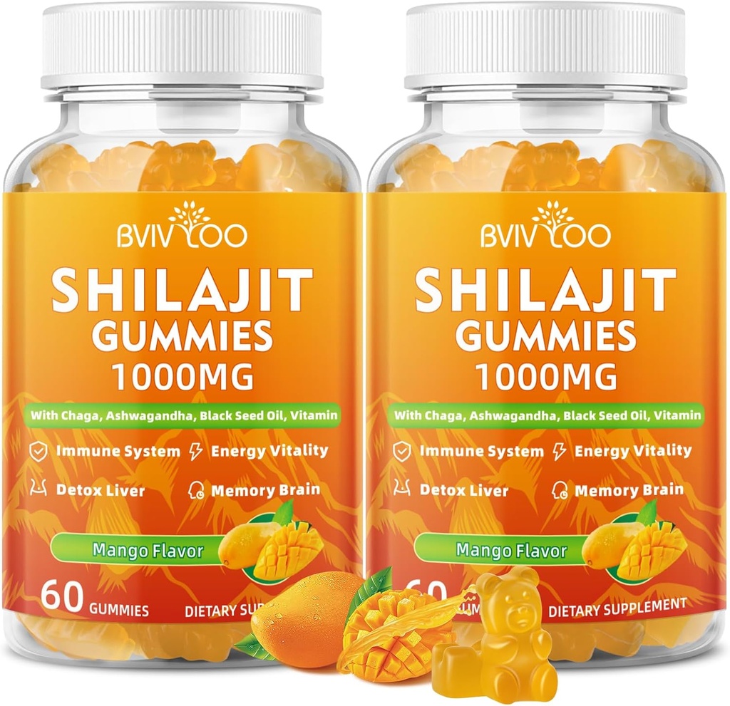 2 packs Shilajit Gummies 1000mg sans sucre - Supplément Shilajit pour les hommes et les femmes - Haute en 85+ Trace Minerals & Fulvic Acid - Énergie, cerveau, immunité - 120 Gummies