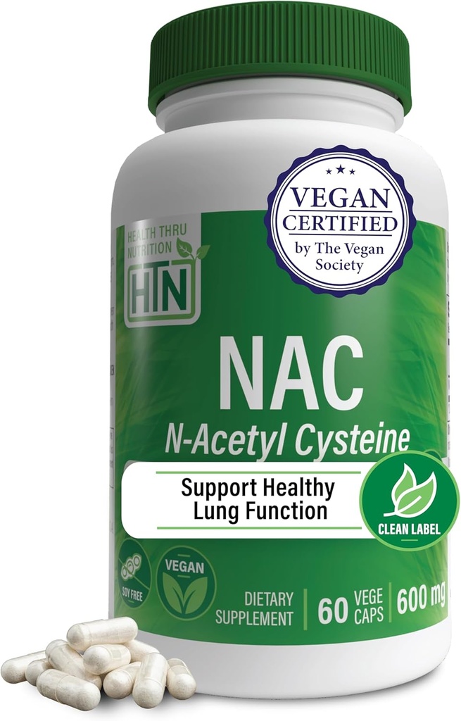 Santé Thru Nutrition NAC N-acétyl-Cysteine 600mg 60 Capsules Certifié végétalien Le supplément NAC le plus pur soutient la santé du poumon, du foie et de la santé cellulaire