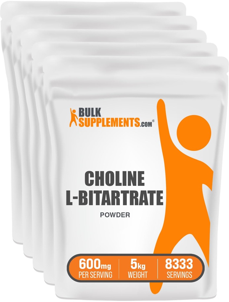 BulkSupplements.com Poudre de bitartrate de choline - en tant que L-Bitartrate de choline, supplément de choline - sans gluten, 600mg par portion, 5kg (11 lbs) (paquet de 5)
