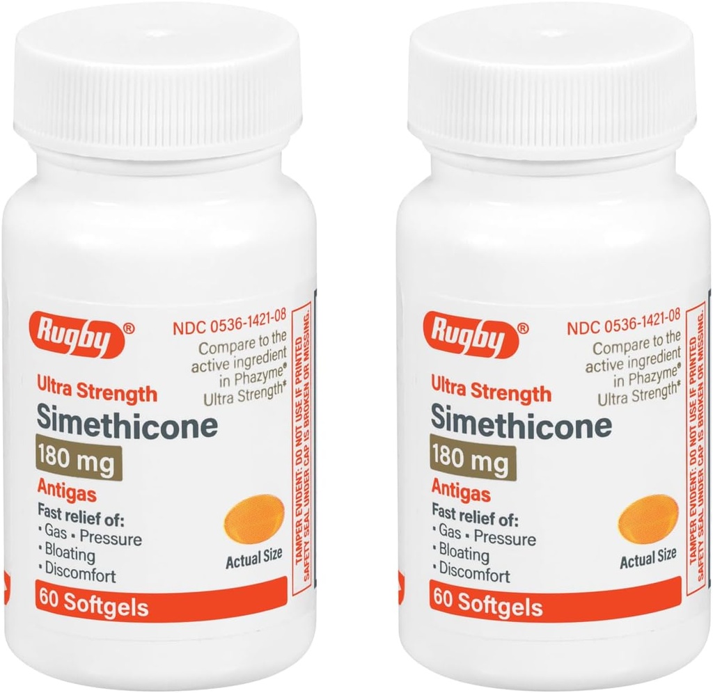 Rugby Ultra Strength Simethicone Gas Relief 180 mg - Allégement maximal du gaz pour les adultes - Peut aider avec les symptômes de flatulence, de ballonnement, de gaz complet - 60 Softgels (2 Pack)