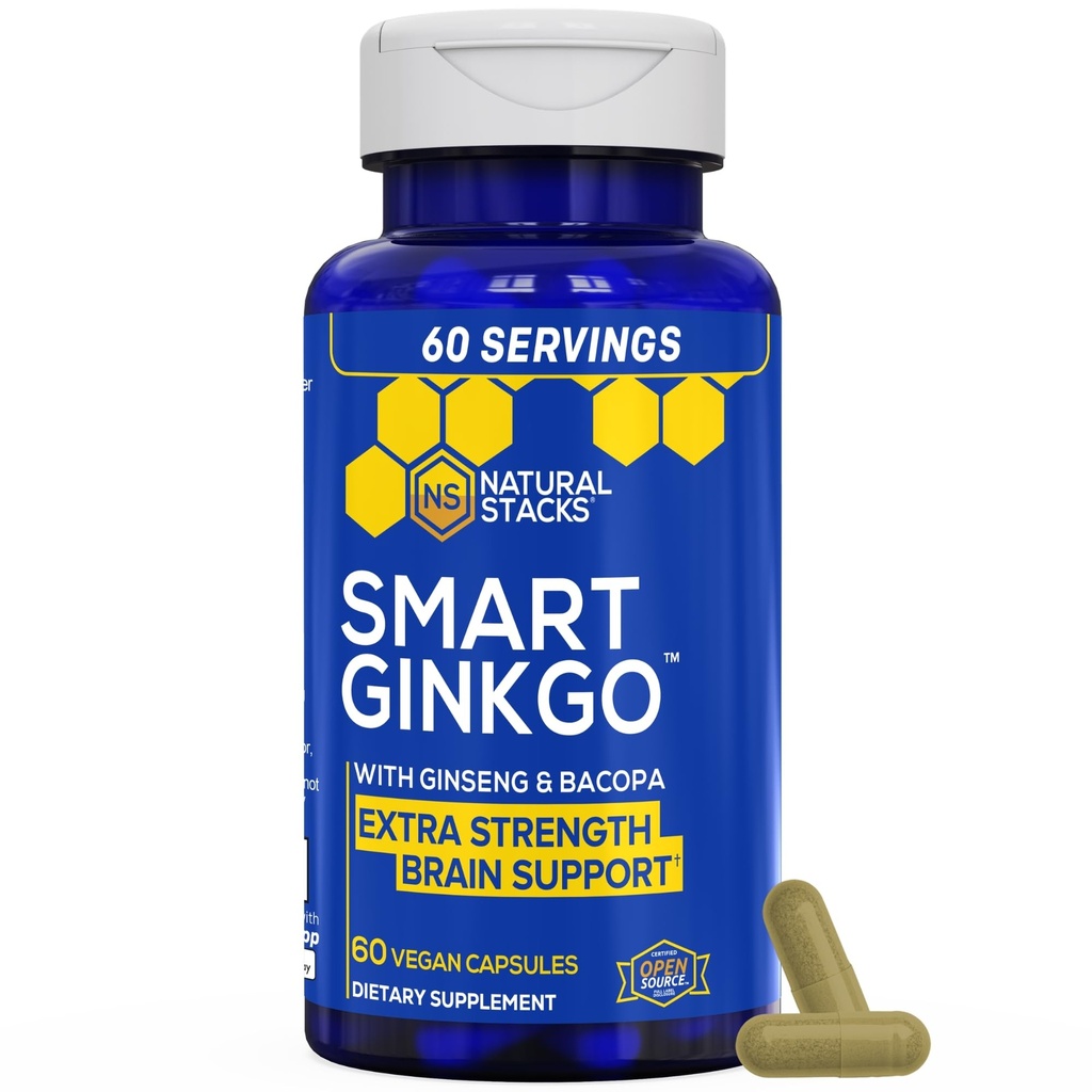 Ginkgo Biloba Supplément avec 200mg Panax Ginseng & 200mg Bacopa Monnieri - Suppléments Cerveau pour la Mémoire et la Focus - Ginseng Coréen pour le soutien de la santé du cerveau - 60 Ginkgo Biloba Capsules