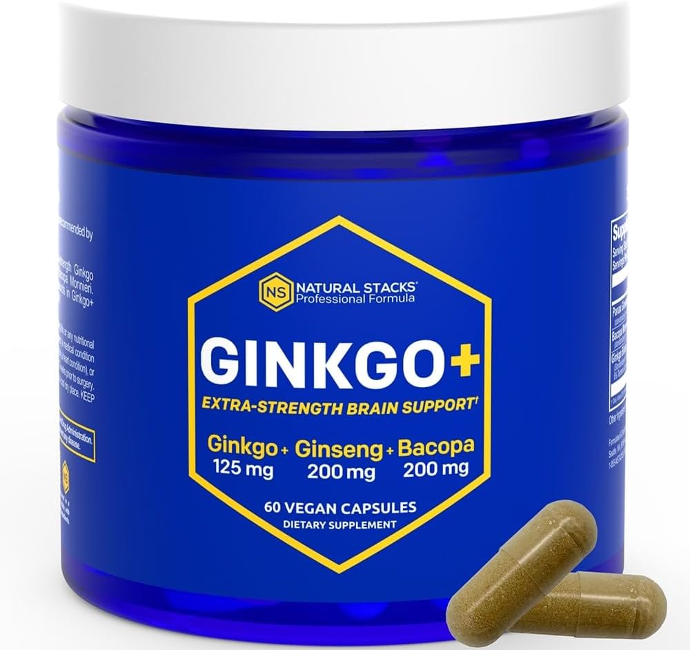 Ginkgo Biloba Supplément avec 200mg Panax Ginseng & 200mg Bacopa Monnieri - Suppléments Cerveau pour la Mémoire et la Focus - Ginseng Coréen pour le soutien de la santé du cerveau - 60 Ginkgo Biloba Capsules