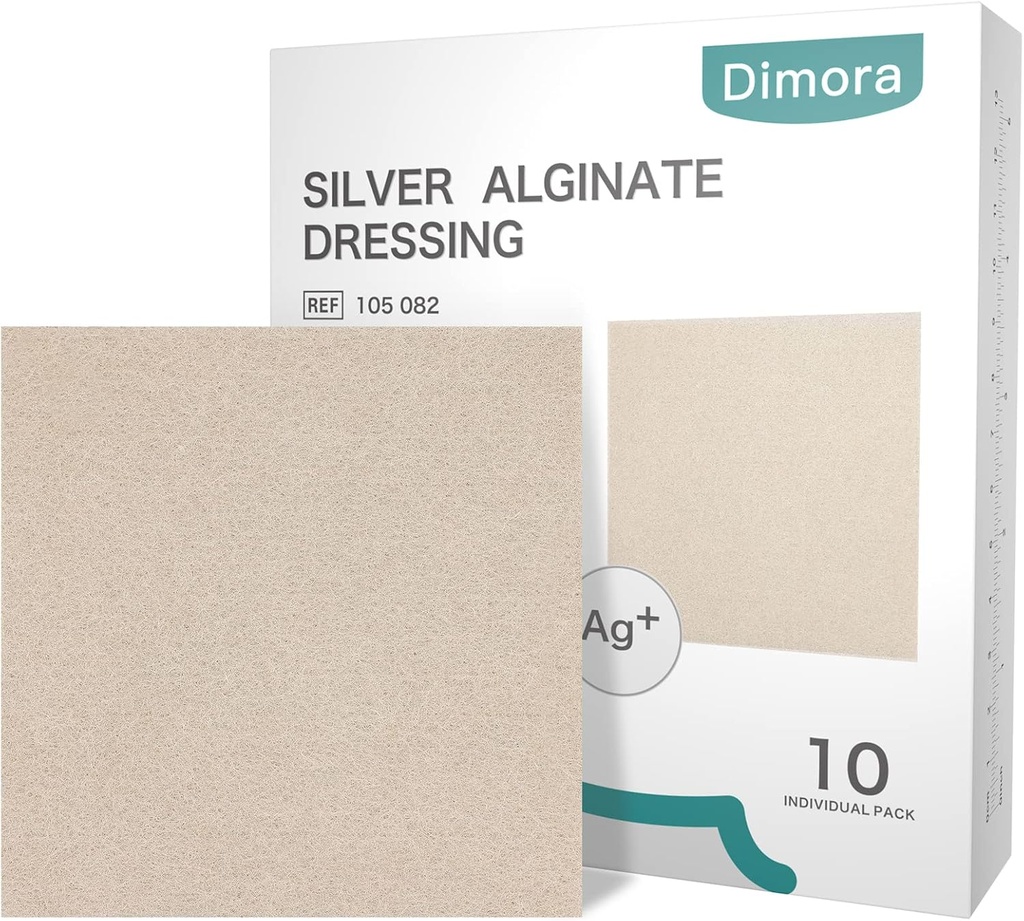 Dimora Upgrade 10 Packs Silver Antibacterial Alginate Wound Dressing Pads，Non-Stick Sterile Gauze，Highly Absorbent & Comfortable，4'' x 4'' Patches