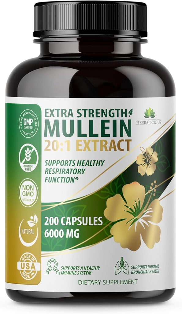 HERBALICIEUS Mullein Leaf Extract Verbascum Thapsus 20:1-200 Capsules - Supplément naturel à base de plantes de désintoxication pulmonaire - Soutient la santé respiratoire et immunitaire, le nettoyage pulmonaire