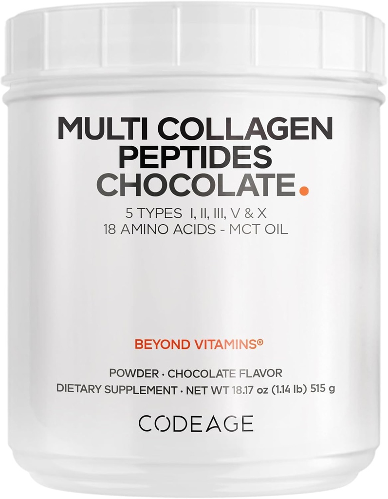 Codage Multi Collagène en poudre de protéines de chocolat - Peptides de collagène hydrolysés, 5 types de collagène et MCT Huile - Crème de collagène, peptides de collagène au chocolat - Secoues protéiques - Non-OGM - 18,17 oz